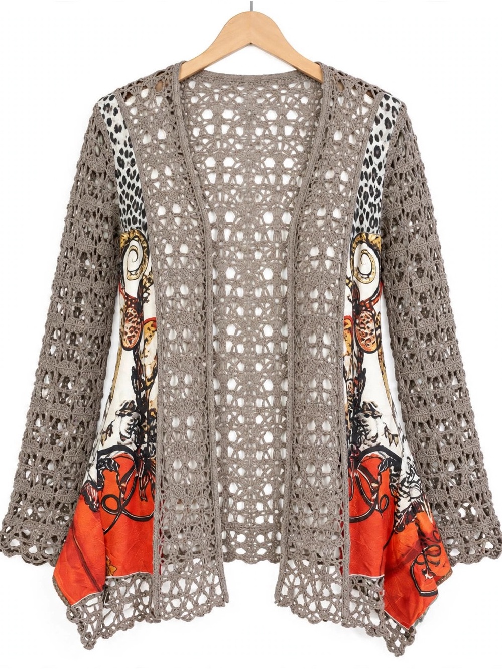 Tempo Paris Boho Crochet Open Cardigan Kimono Animal Print OrangeBrownFestival S